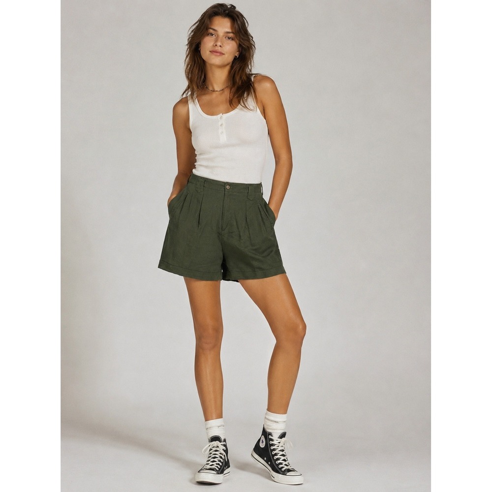 Vintage 90s Kikomo Olive Green Linen Blend Pleated High Waist Shorts Size 13/14